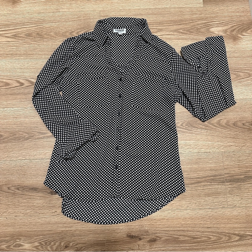 Express Black and White Polka Dot Button-Up Shirt